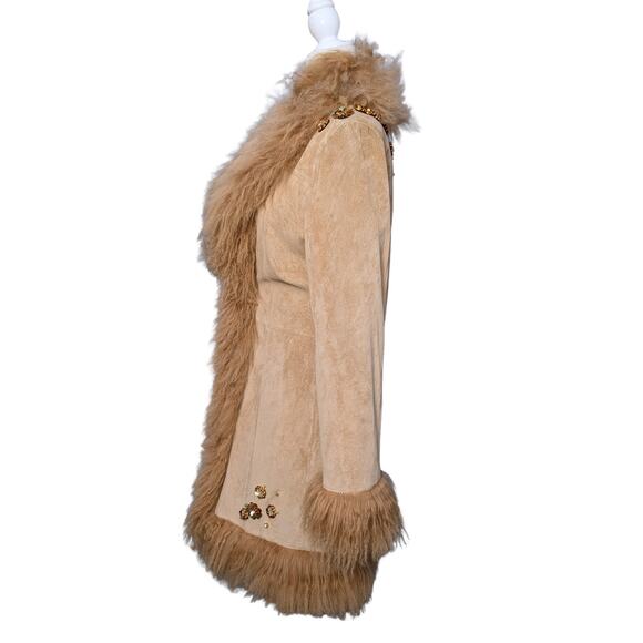 Penny Lane 100% genuine Suede Jacket, Lamb Fur Trim, Sequin Embroidery - S - Picture 3 of 12